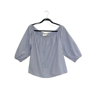 Maeve Anthropologie Blue White Pinstripe Off Shoulder Puff Sleeve - Size L - B8